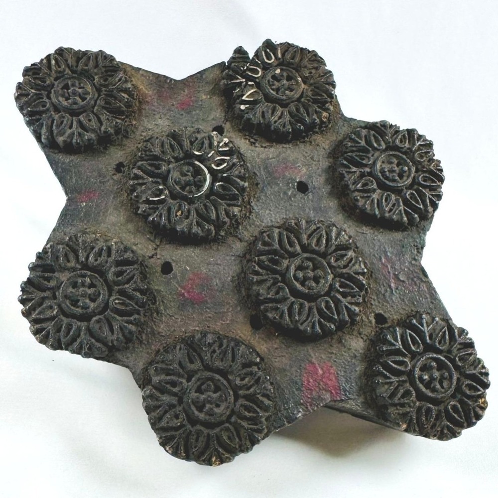 Vintage Hand Carved Wood Printing Block Large Floral Textile Stamp Primitive Art